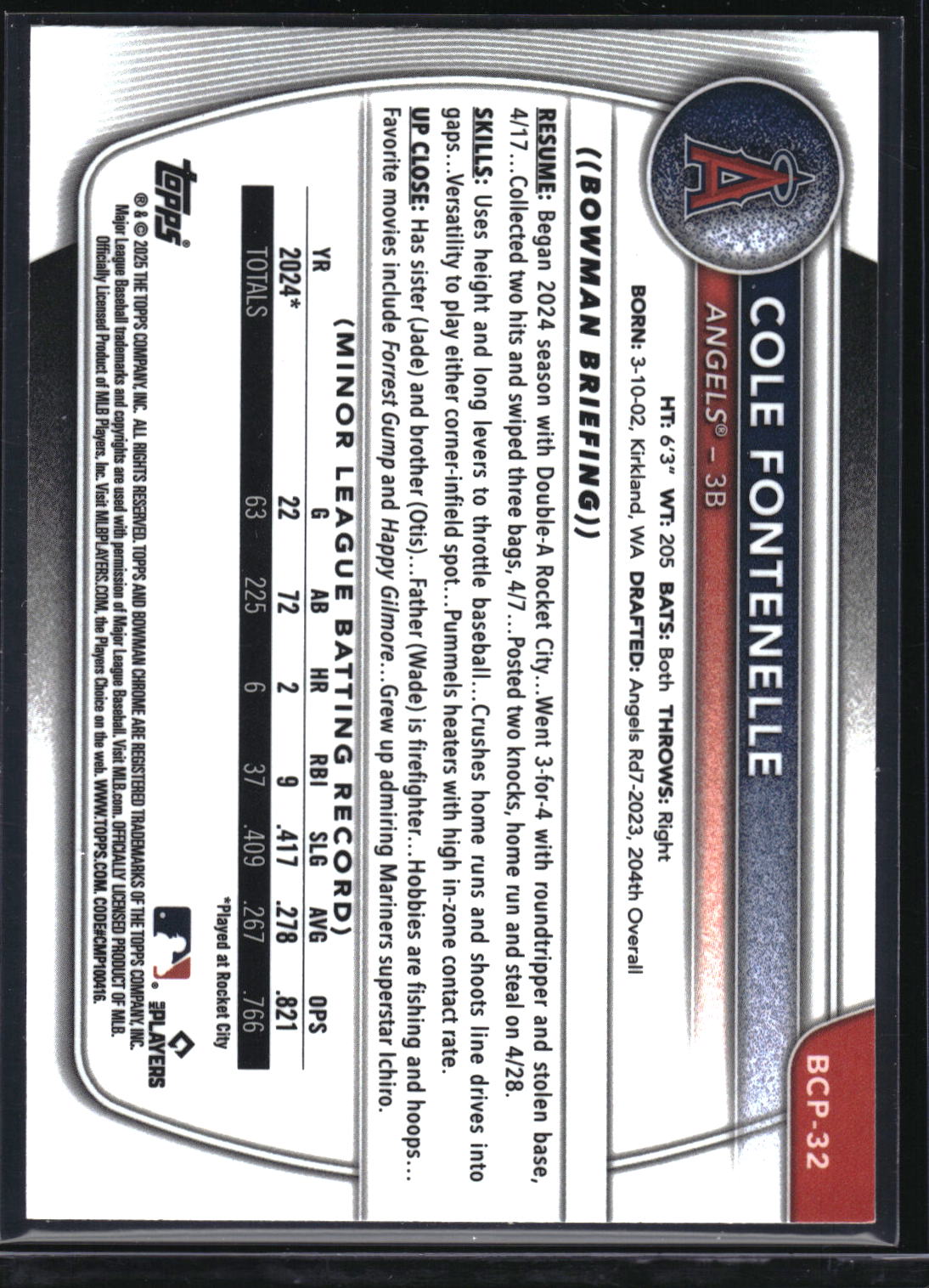 2025 Bowman #BCP-32 Cole Fontenelle Chrome Prospects Lava Refractor #/399