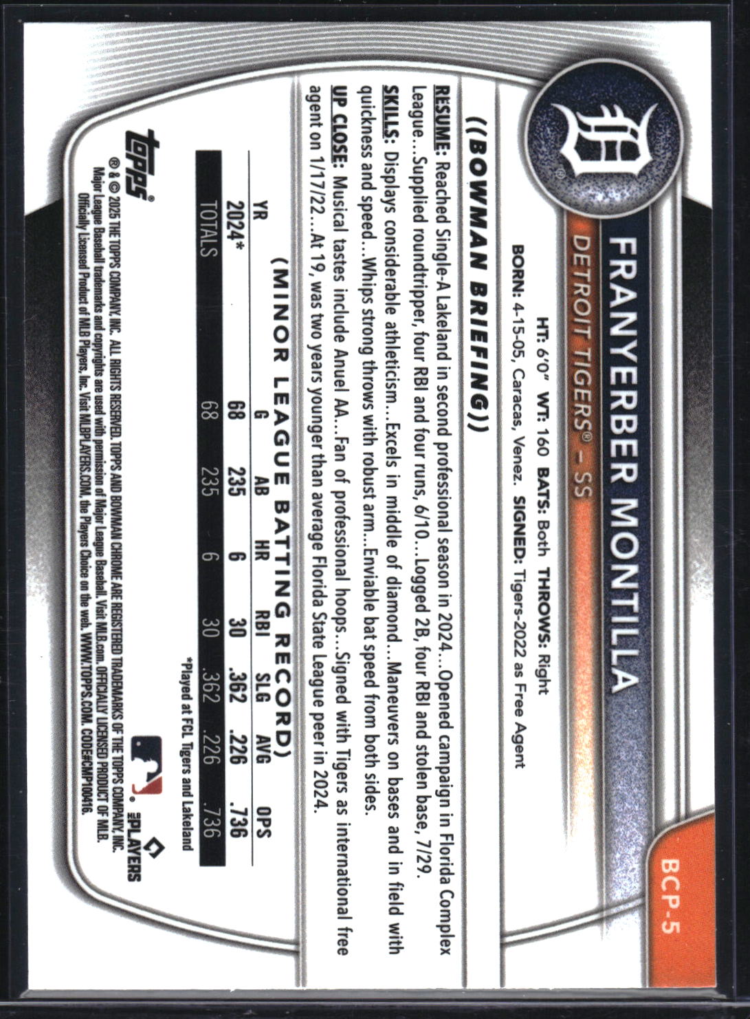 2025 Bowman #BCP-5 Franyerber Montilla Chrome Prospects Lava Refractor #/399