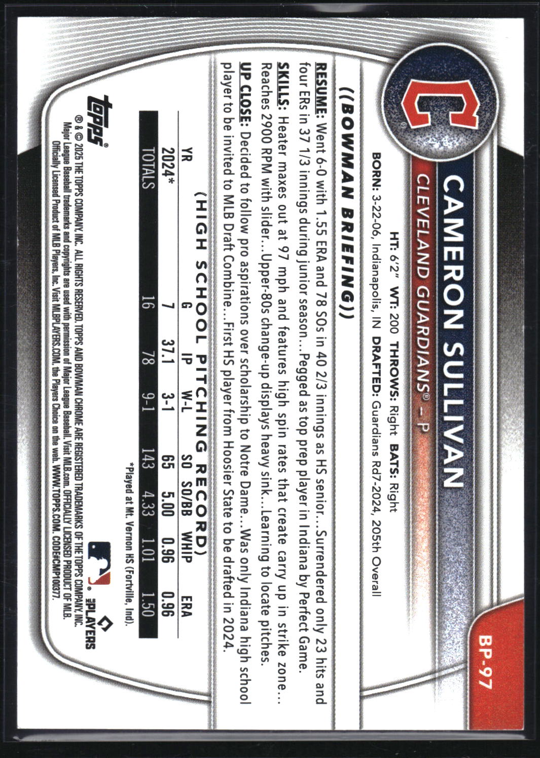 2025 Bowman #BP-97 Cameron Sullivan Prospects Fuchsia #/299