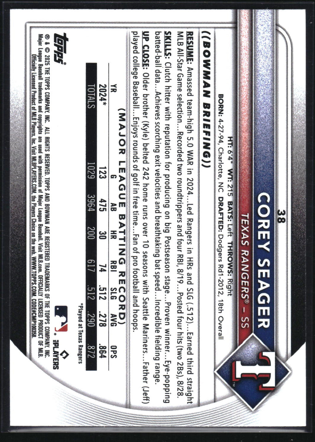 2025 Bowman #38 Corey Seager Fuchsia #/299