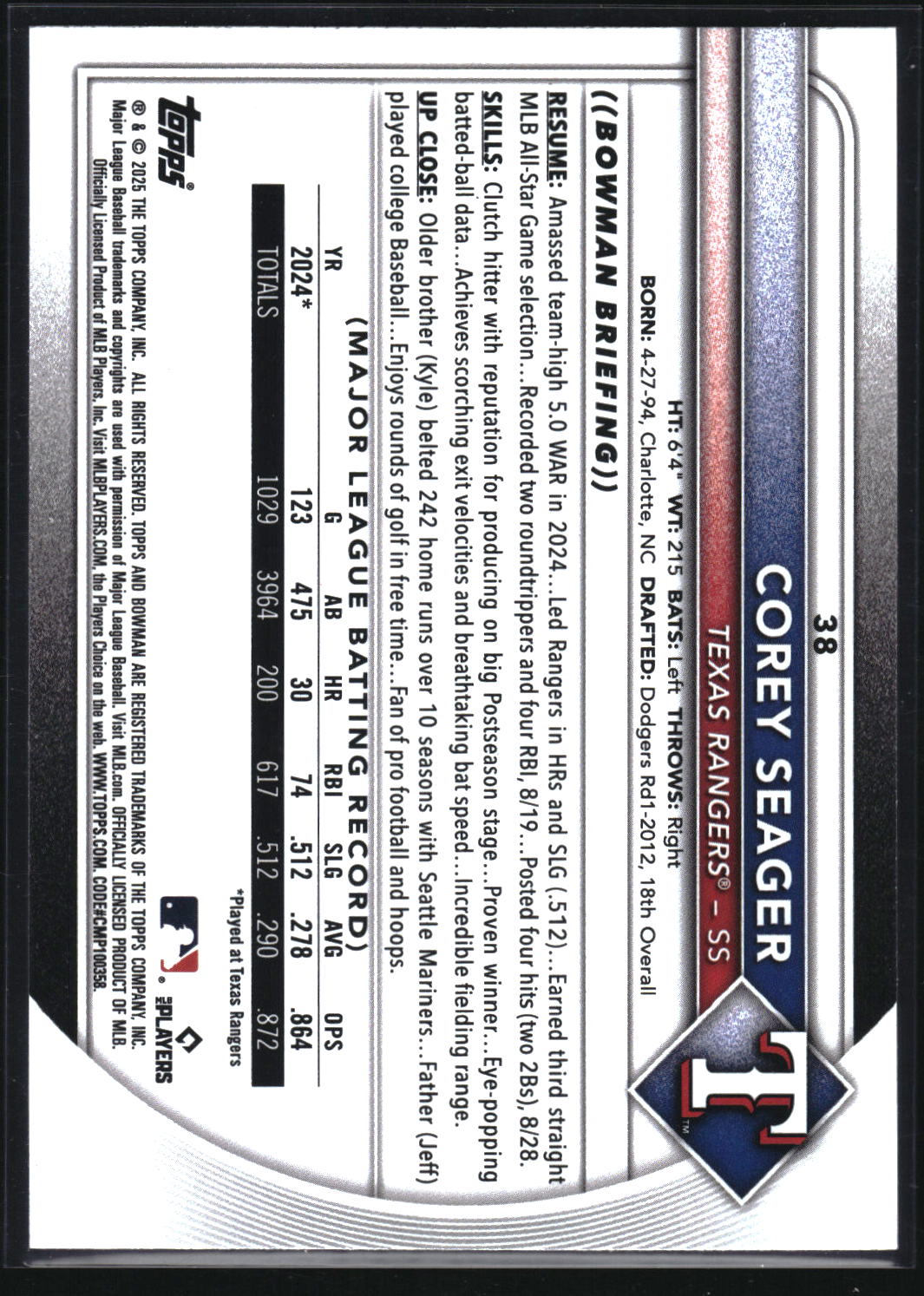 2025 Bowman #38 Corey Seager Fuchsia #/299