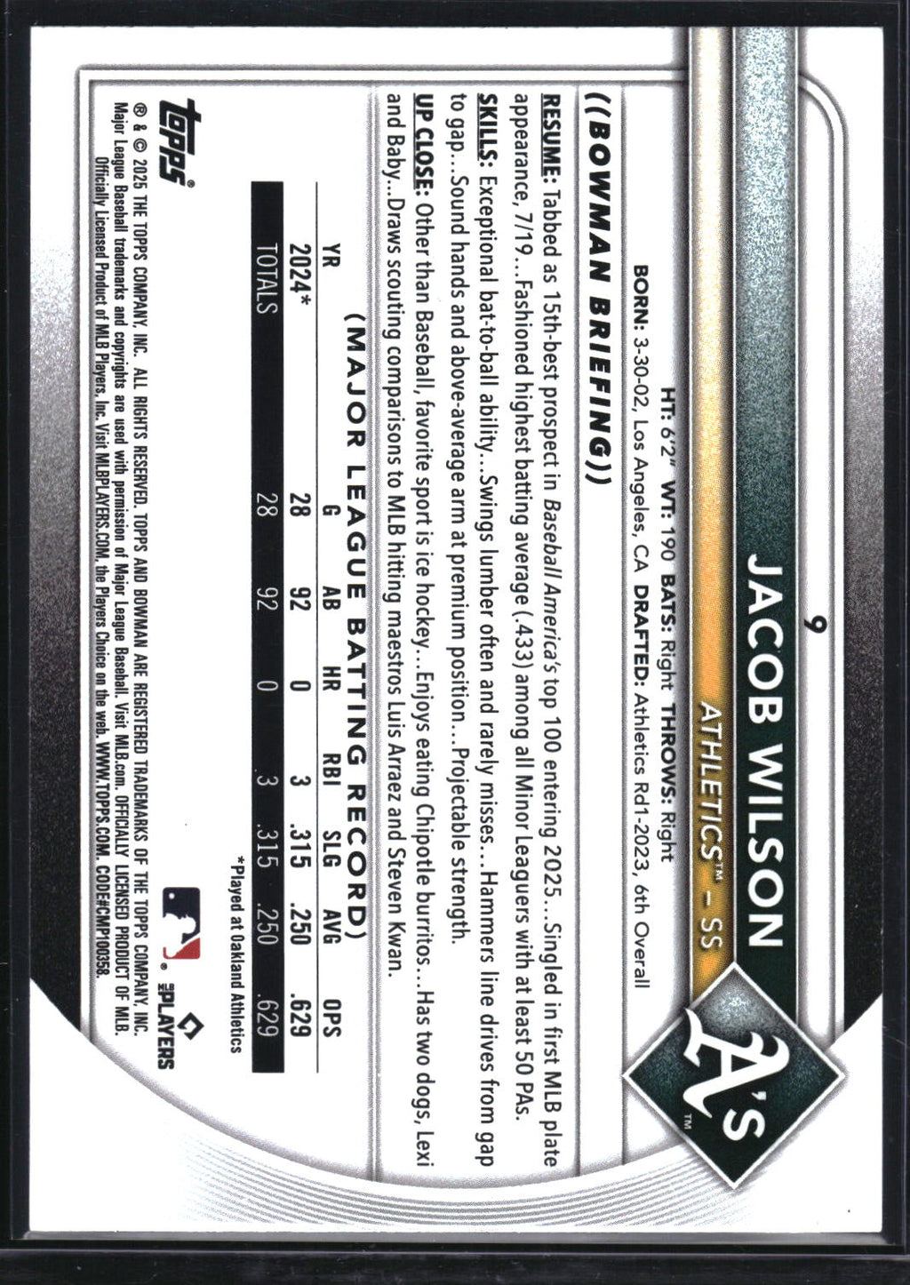 2025 Bowman #9 Jacob Wilson Fuchsia #/299