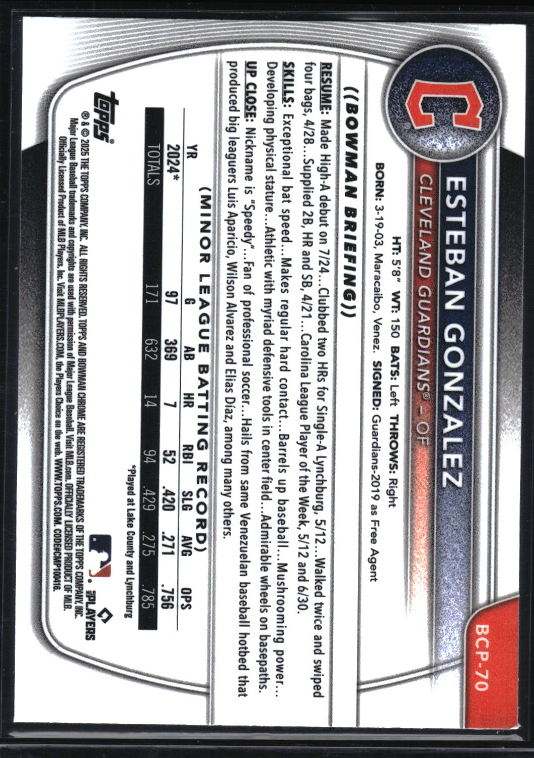 2025 Bowman #BCP-70 Esteban Gonzalez Chrome Prospects Speckle Refractor #/299