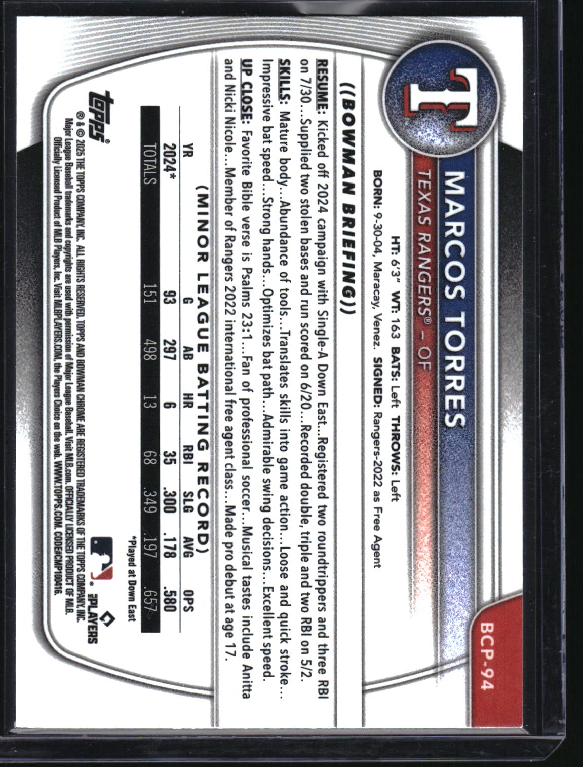 2025 Bowman #BCP-94 Marcos Torres Chrome Prospects Speckle Refractor #/299
