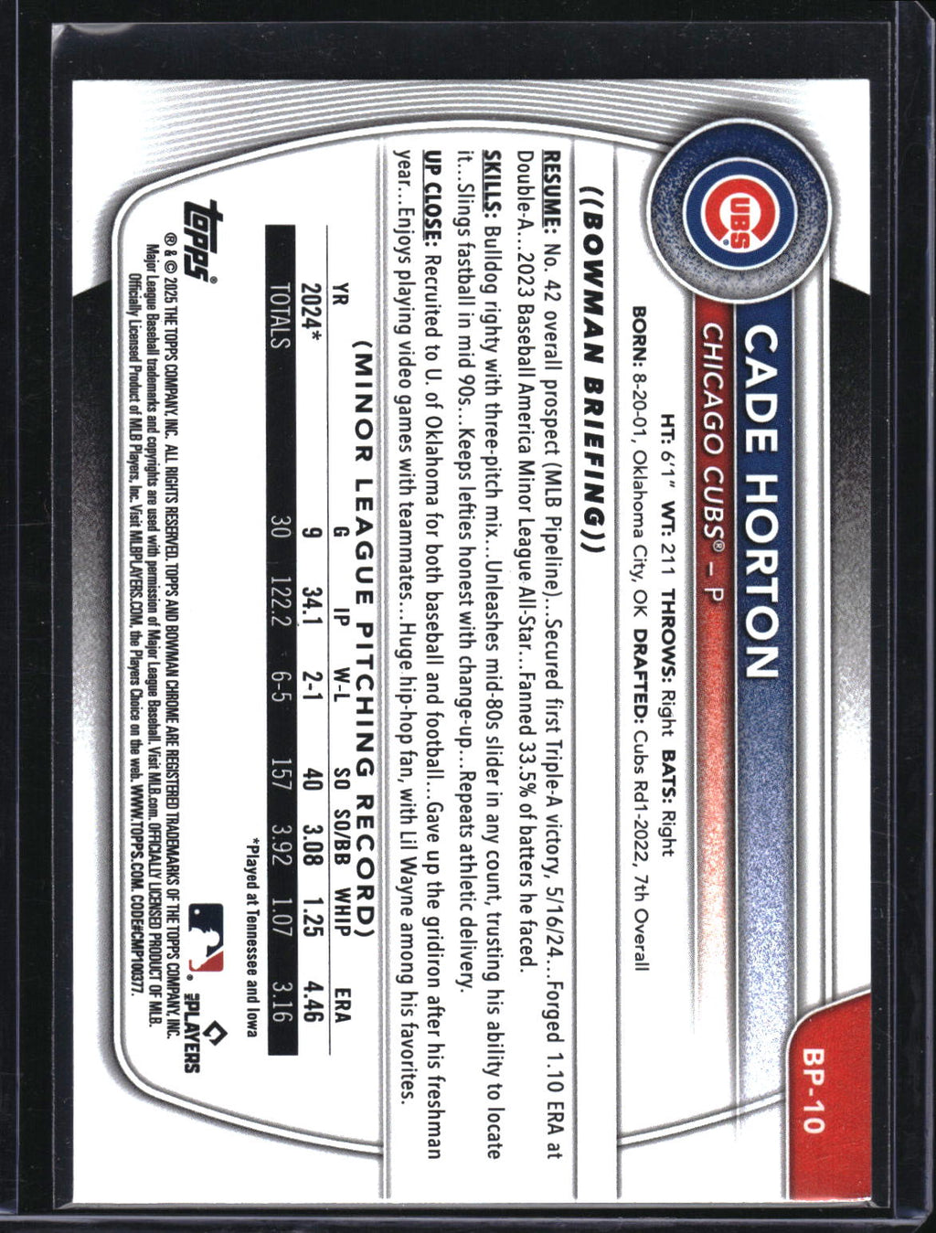 2025 Bowman #BP-10 Cade Horton Prospects Purple #/250