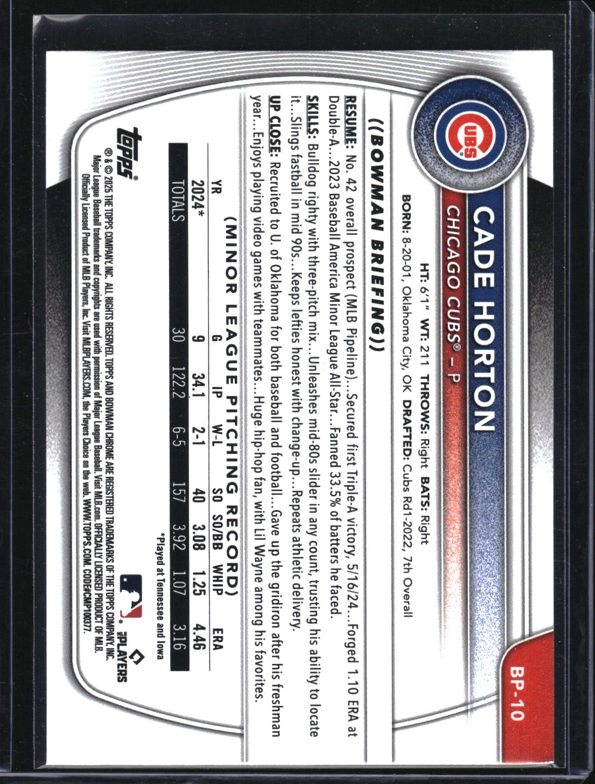 2025 Bowman #BP-10 Cade Horton Prospects Purple #/250