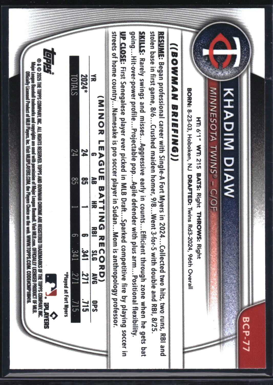 2025 Bowman #BCP-77 Khadim Diaw Chrome Prospects Purple Refractor #/250