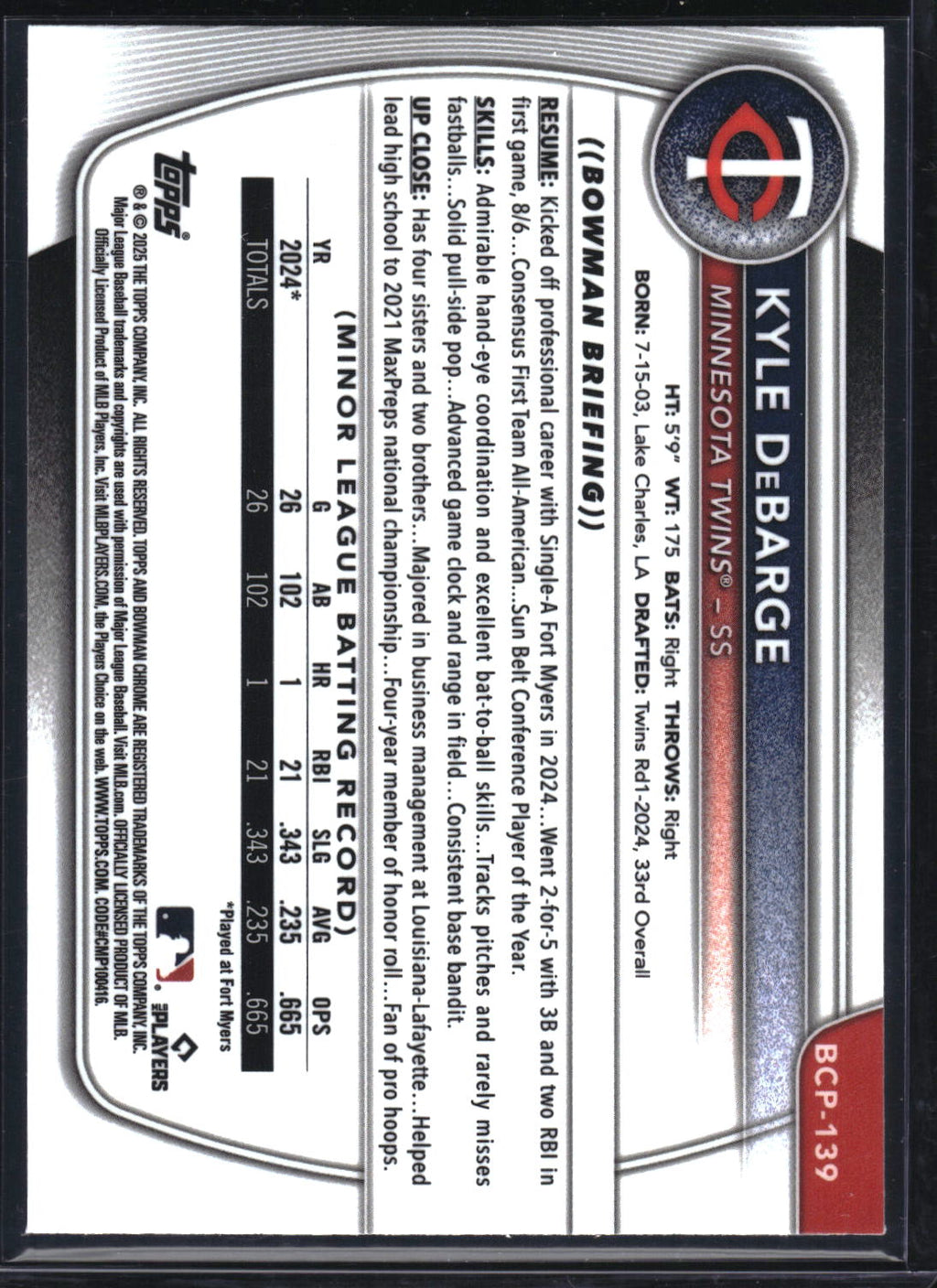 2025 Bowman #BCP-139 Kyle DeBarge Chrome Purple Raywave Refractor #/250