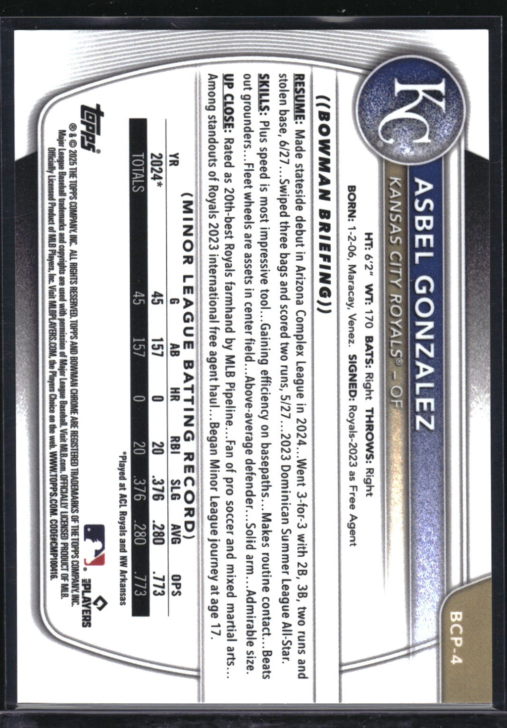2025 Bowman #BCP-4 Asbel Gonzalez Chrome Purple Raywave Refractor #/250