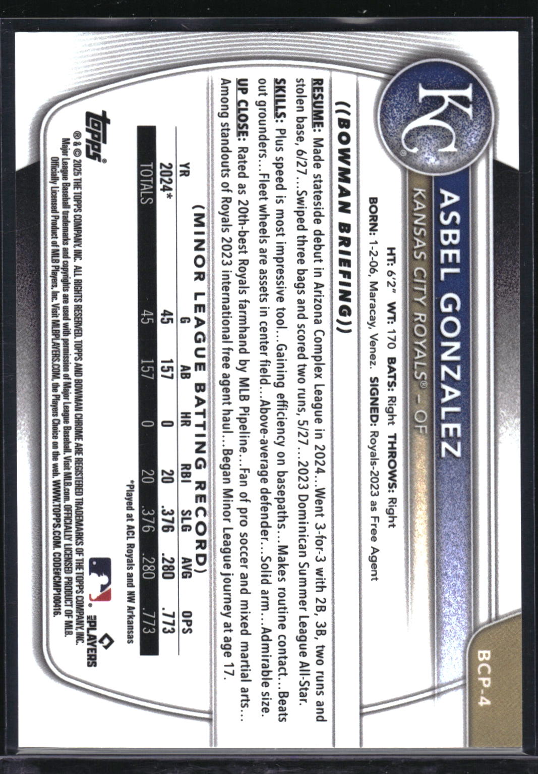 2025 Bowman #BCP-4 Asbel Gonzalez Chrome Purple Raywave Refractor #/250