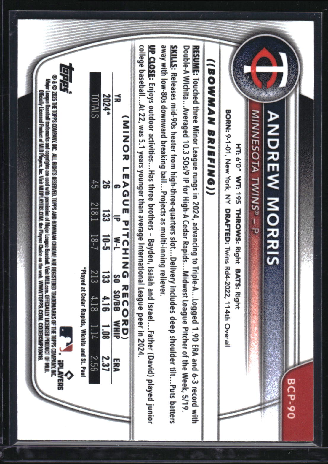 2025 Bowman #BCP-90 Andrew Morris Chrome Purple Raywave Refractor #/250
