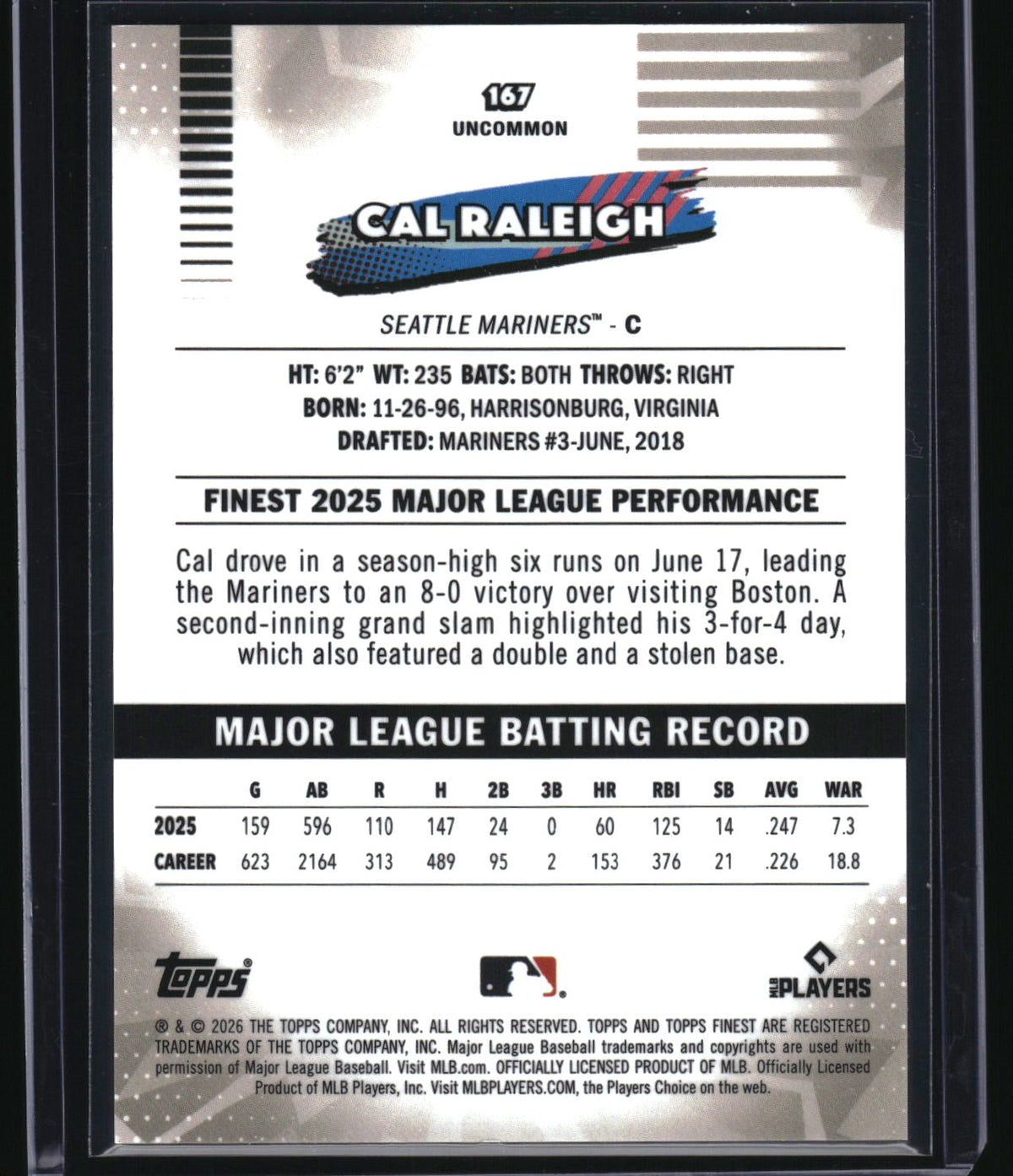 2026 Finest #167 Cal Raleigh Green Mini-Diamond Refractor #/99