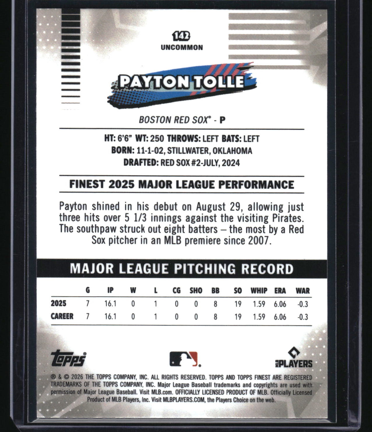 2026 Finest #142 Payton Tolle Blue Refractor #/150