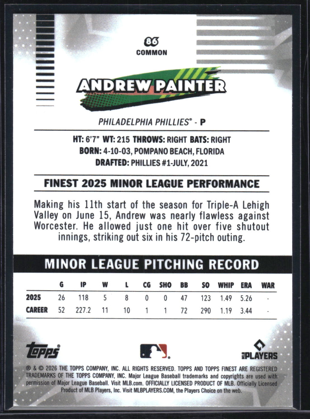 2026 Finest #86 Andrew Painter Aqua Mini-Diamond Refractor #/199