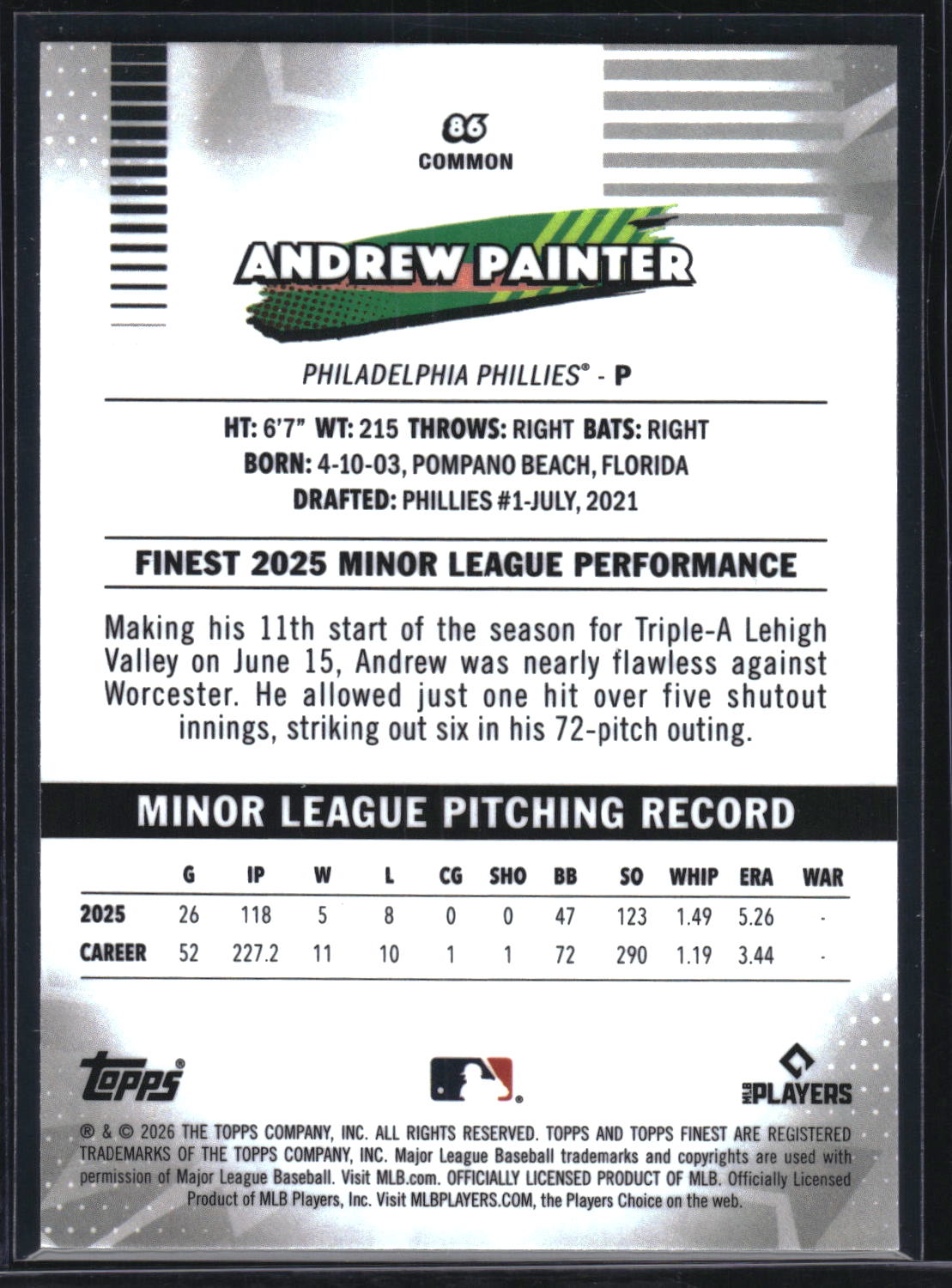 2026 Finest #86 Andrew Painter Aqua Mini-Diamond Refractor #/199