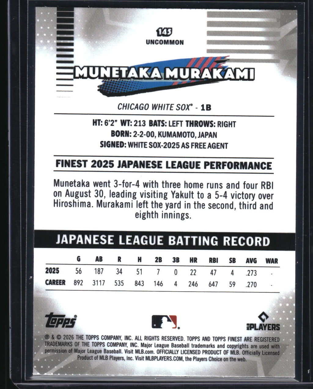 2026 Finest #145 Munetaka Murakami Mini-Diamond Refractor