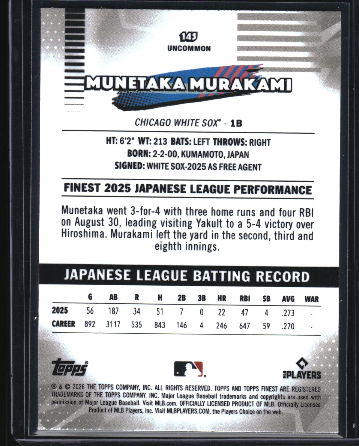 2026 Finest #145 Munetaka Murakami Mini-Diamond Refractor