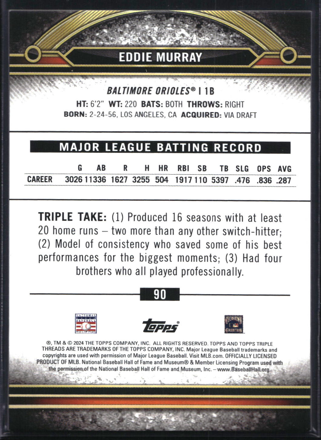 2024 Topps Triple Threads #90 Eddie Murray Tourmaline #/125