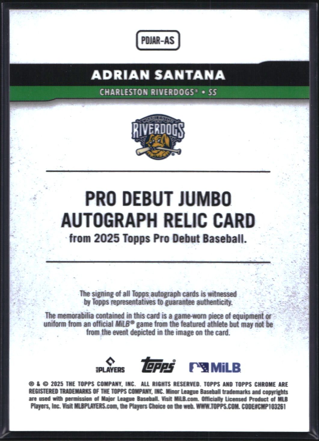 2025 Topps Pro Debut #PDJAR-AS Adrian Santana Pro Debut Jumbo Relic Auto /250