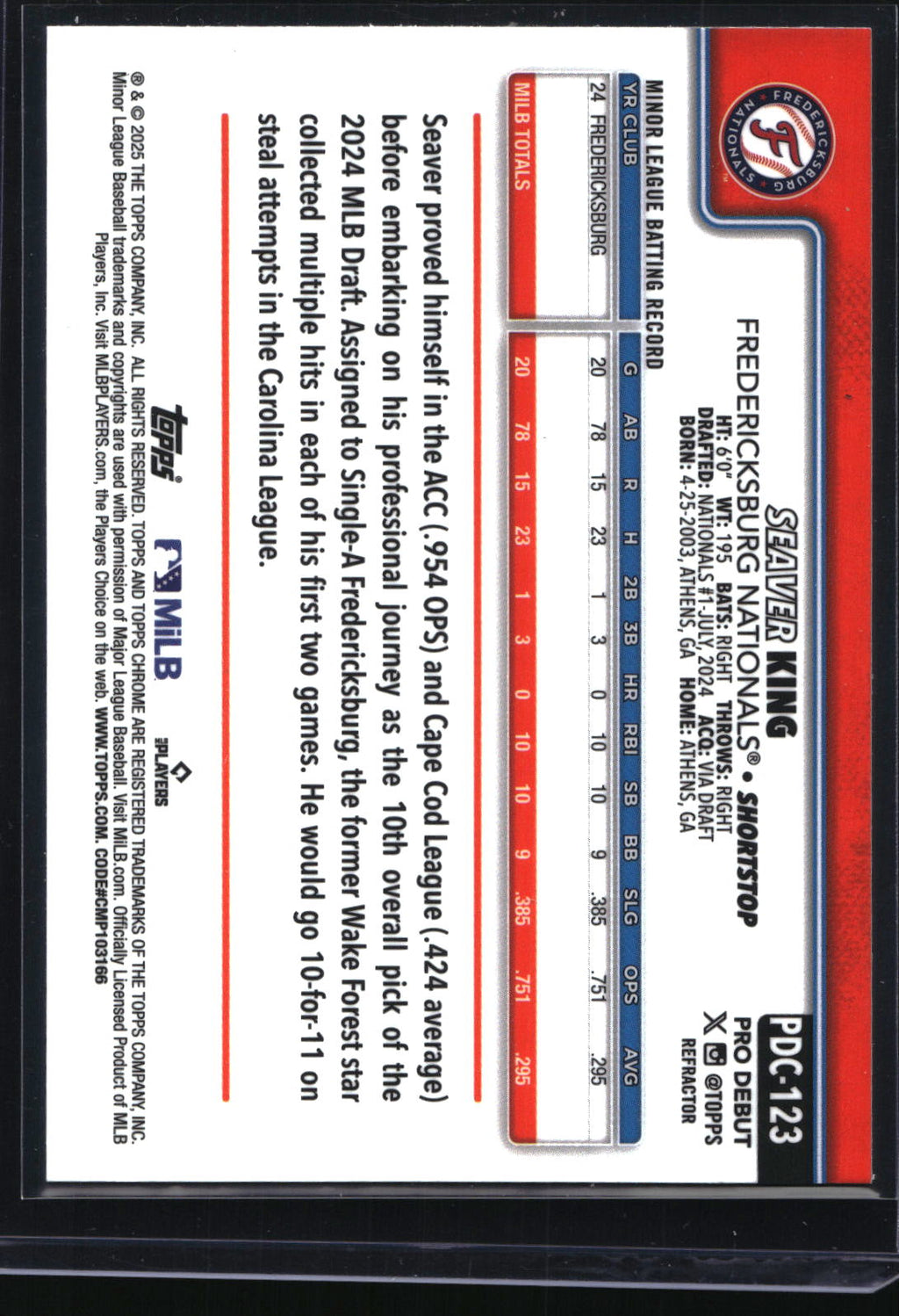 2025 Topps Pro Debut #PDC-123 Seaver King Chrome Refractor #/199