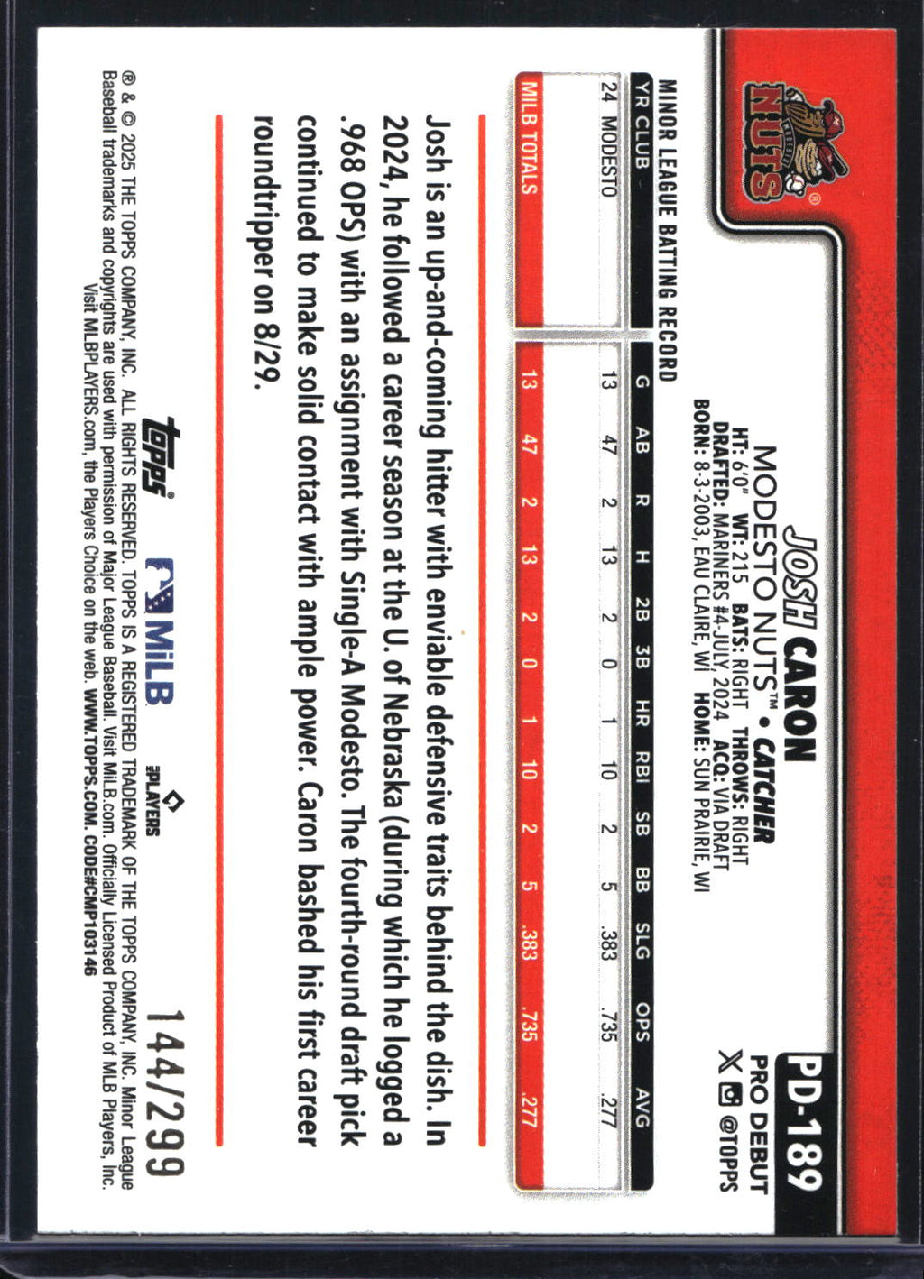 2025 Topps Pro Debut #PD-189 Josh Caron Purple Foil #/299