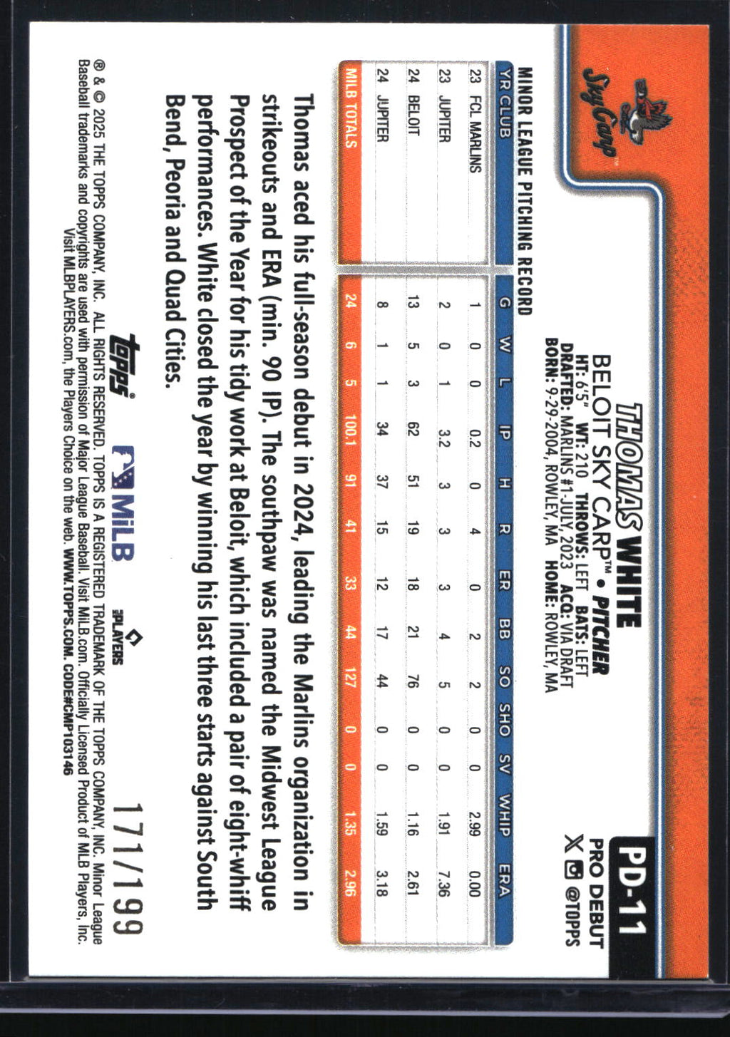 2025 Topps Pro Debut #PD-11 Thomas White Fuchsia Foil #/199