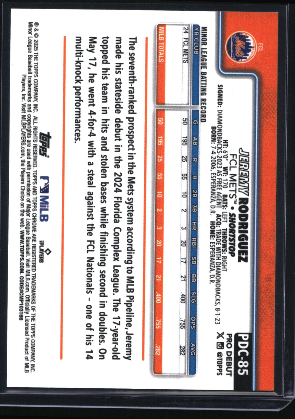 2025 Topps Pro Debut #PDC-85 Jeremy Rodriguez Chrome Gold Refractor #/50