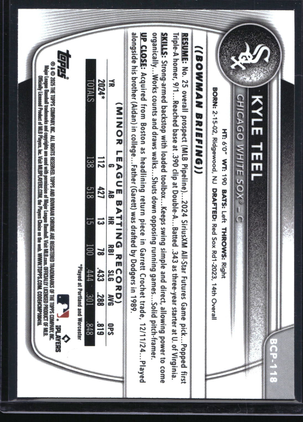 2025 Bowman #BCP-118 Kyle Teel Chrome Prospects Fuchsia Refractor #/199