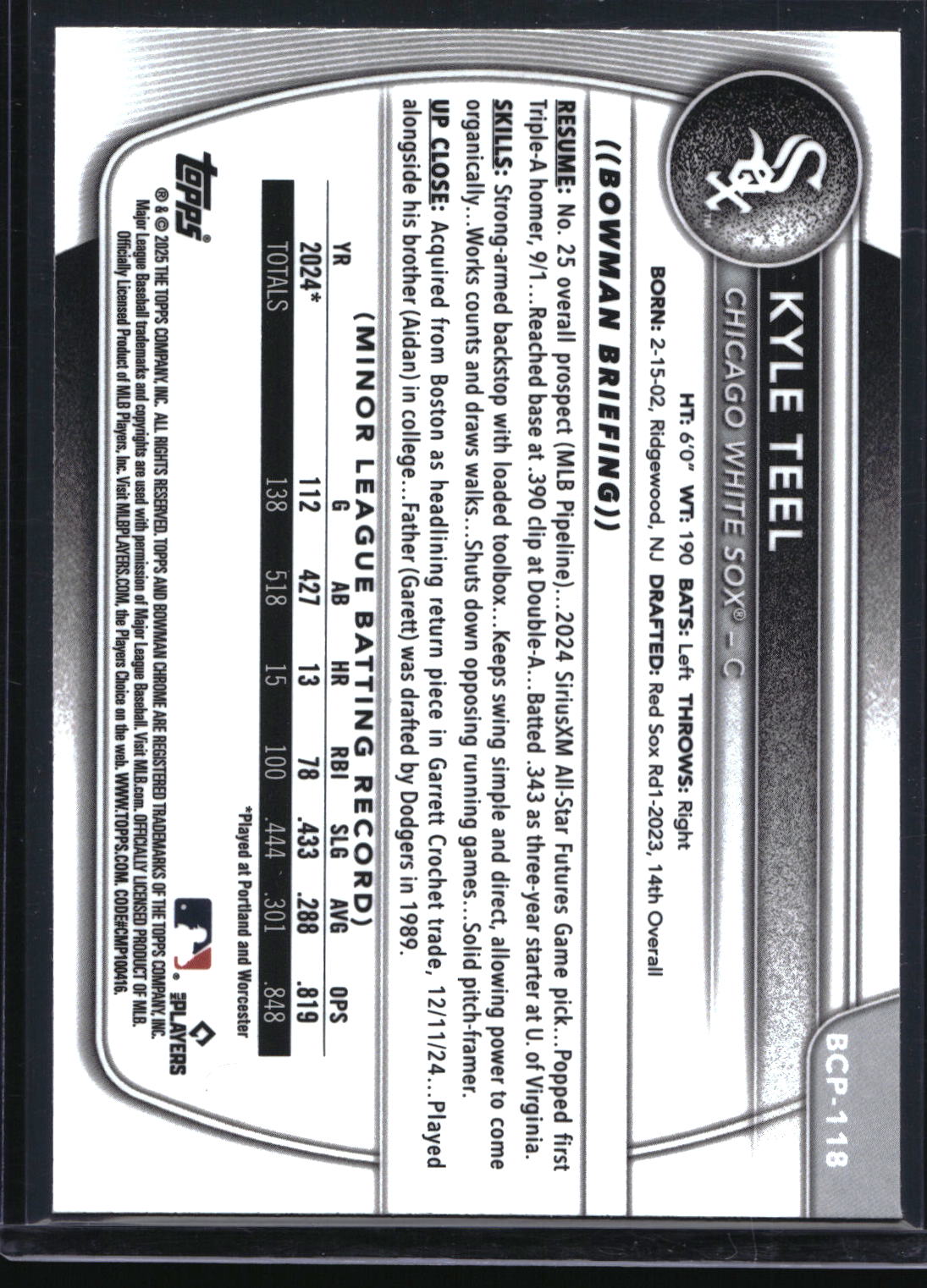 2025 Bowman #BCP-118 Kyle Teel Chrome Prospects Fuchsia Refractor #/199