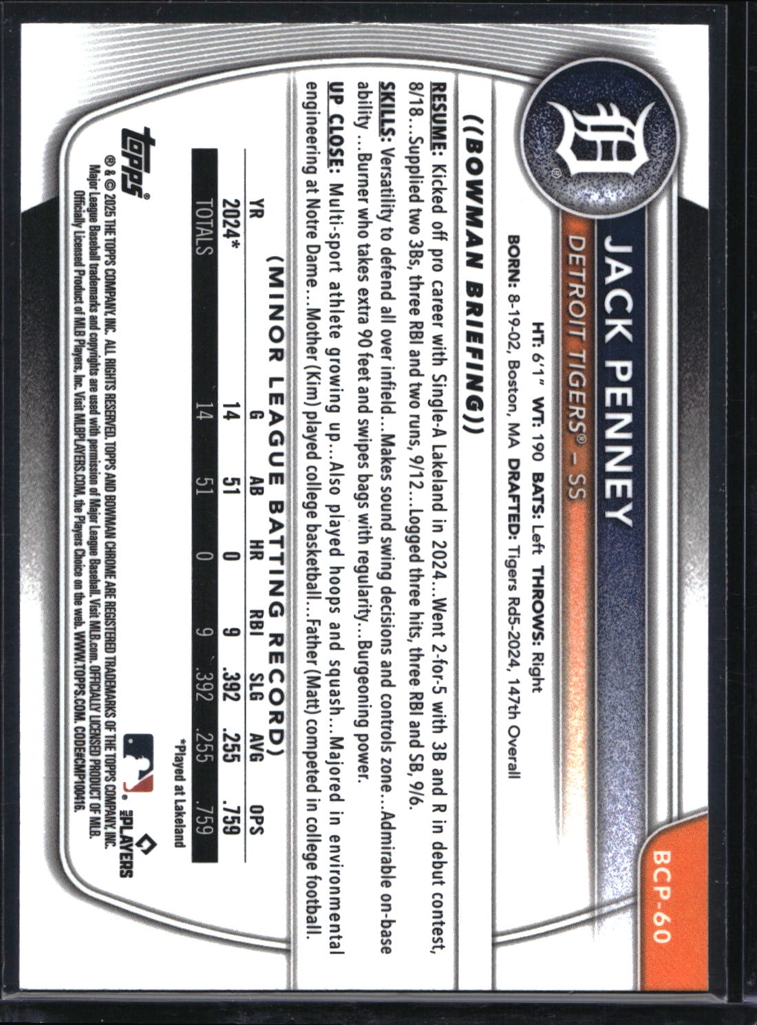 2025 Bowman #BCP-60 Jack Penney Chrome Prospects Fuchsia Refractor #/199