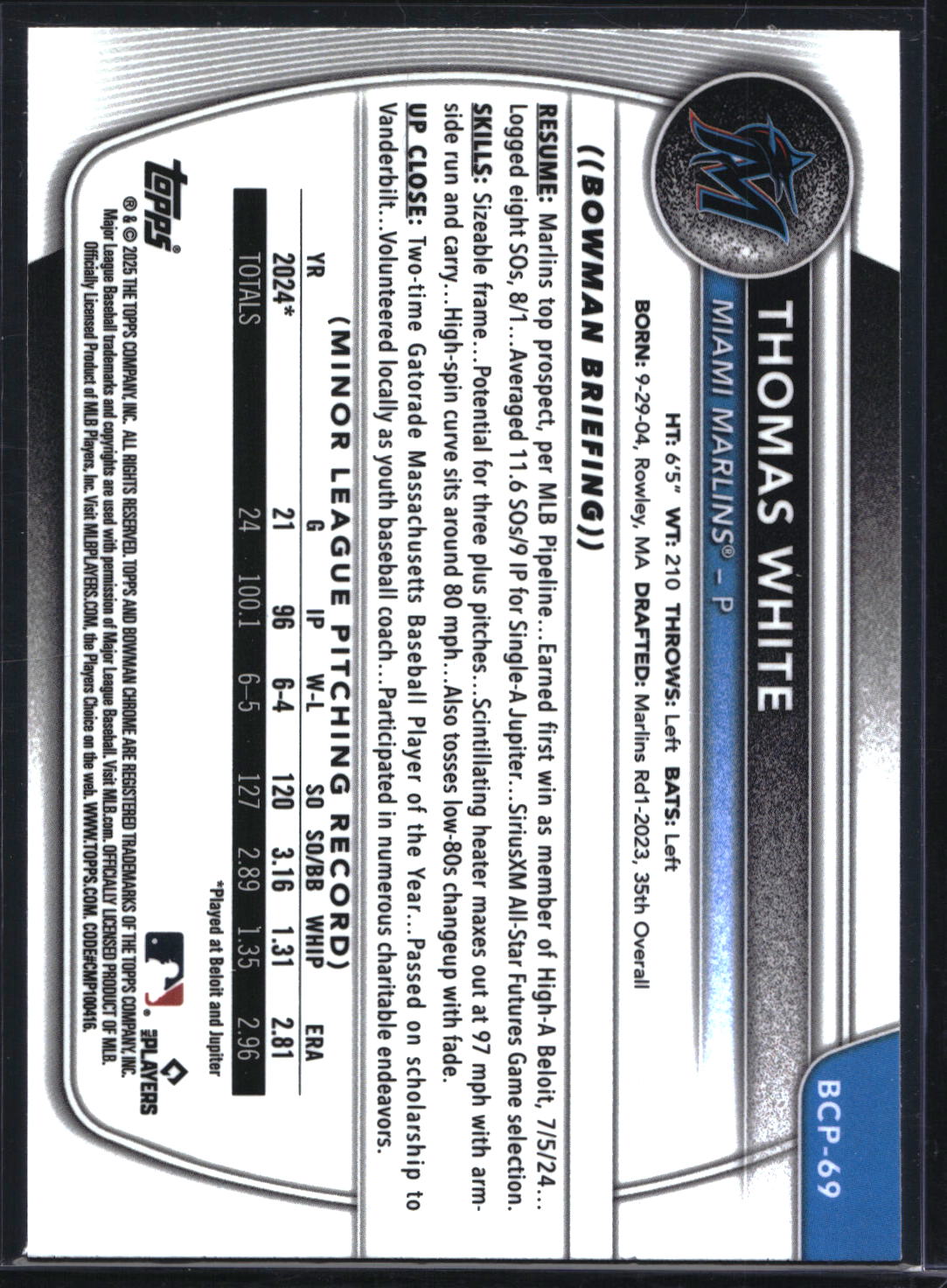 2025 Bowman #BCP-69 Thomas White Chrome Reptilian Fuchsia Refractor #/199