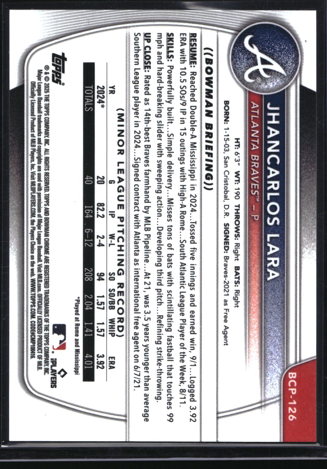 2025 Bowman #BCP-126 Jhancarlos Lara Chrome Reptilian Fuchsia Refractor #/199
