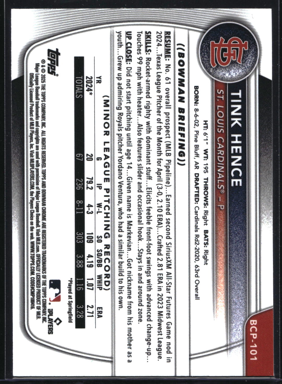 2025 Bowman #BCP-101 Tink Hence Chrome Reptilian Fuchsia Refractor #/199