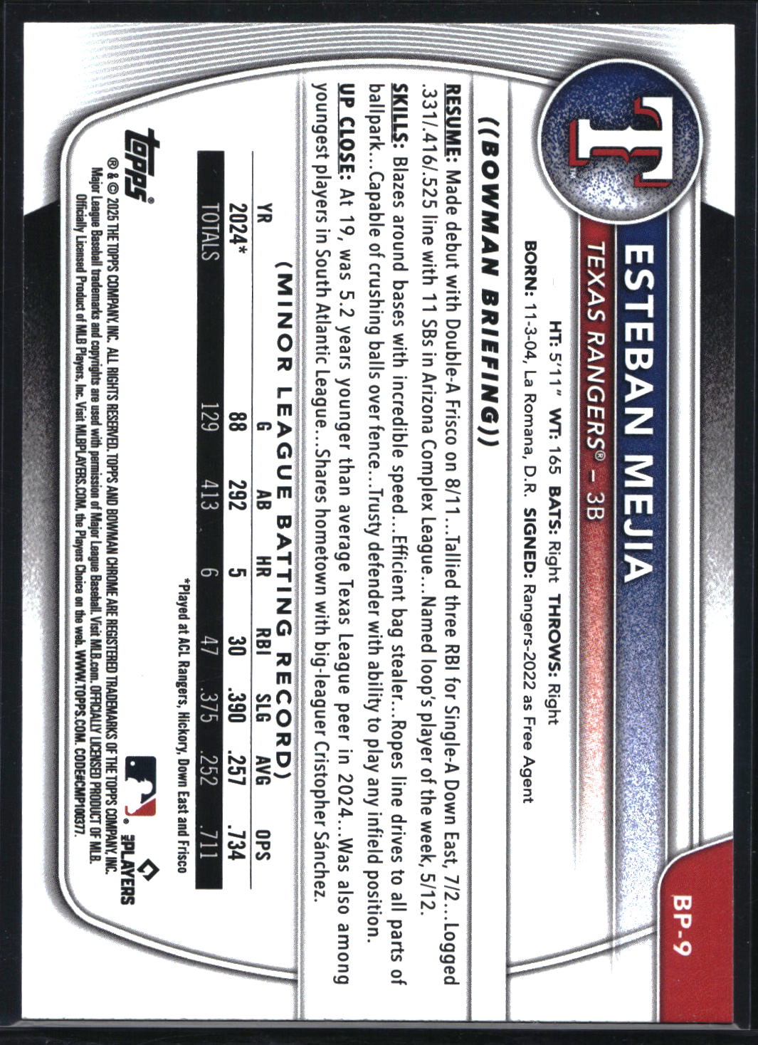 2025 Bowman #BP-9 Esteban Mejia Prospects Purple Pattern #/199