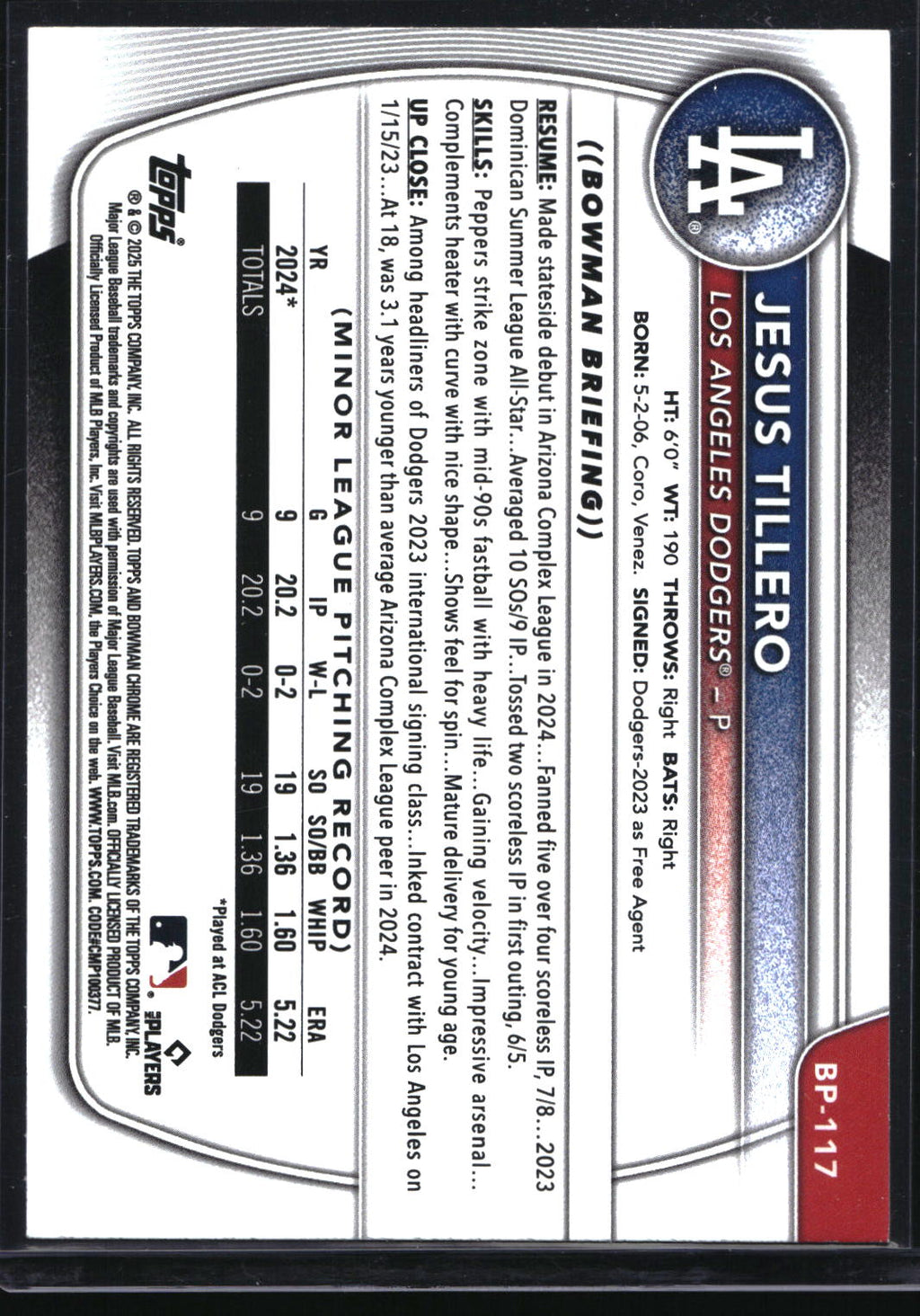 2025 Bowman #BP-117 Jesus Tillero Prospects Pink #/175