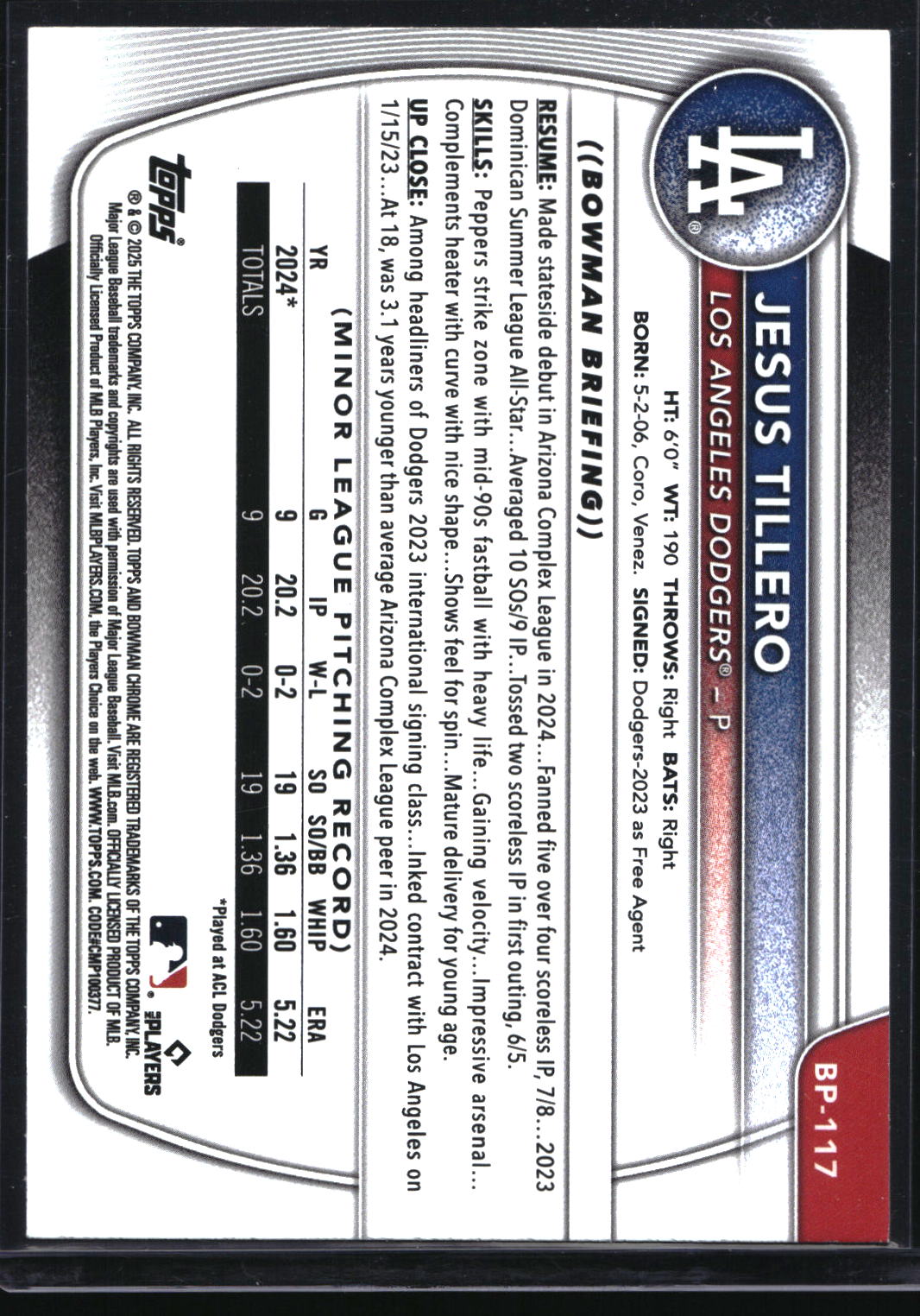 2025 Bowman #BP-117 Jesus Tillero Prospects Pink #/175