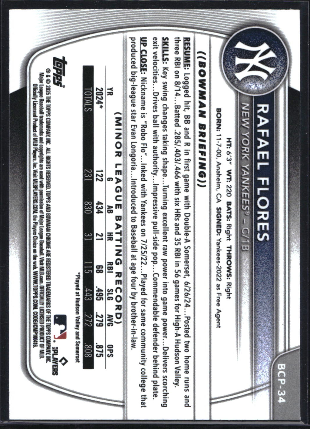 2025 Bowman #BCP-34 Rafael Flores Chrome Prospects Blue Refractor #/150