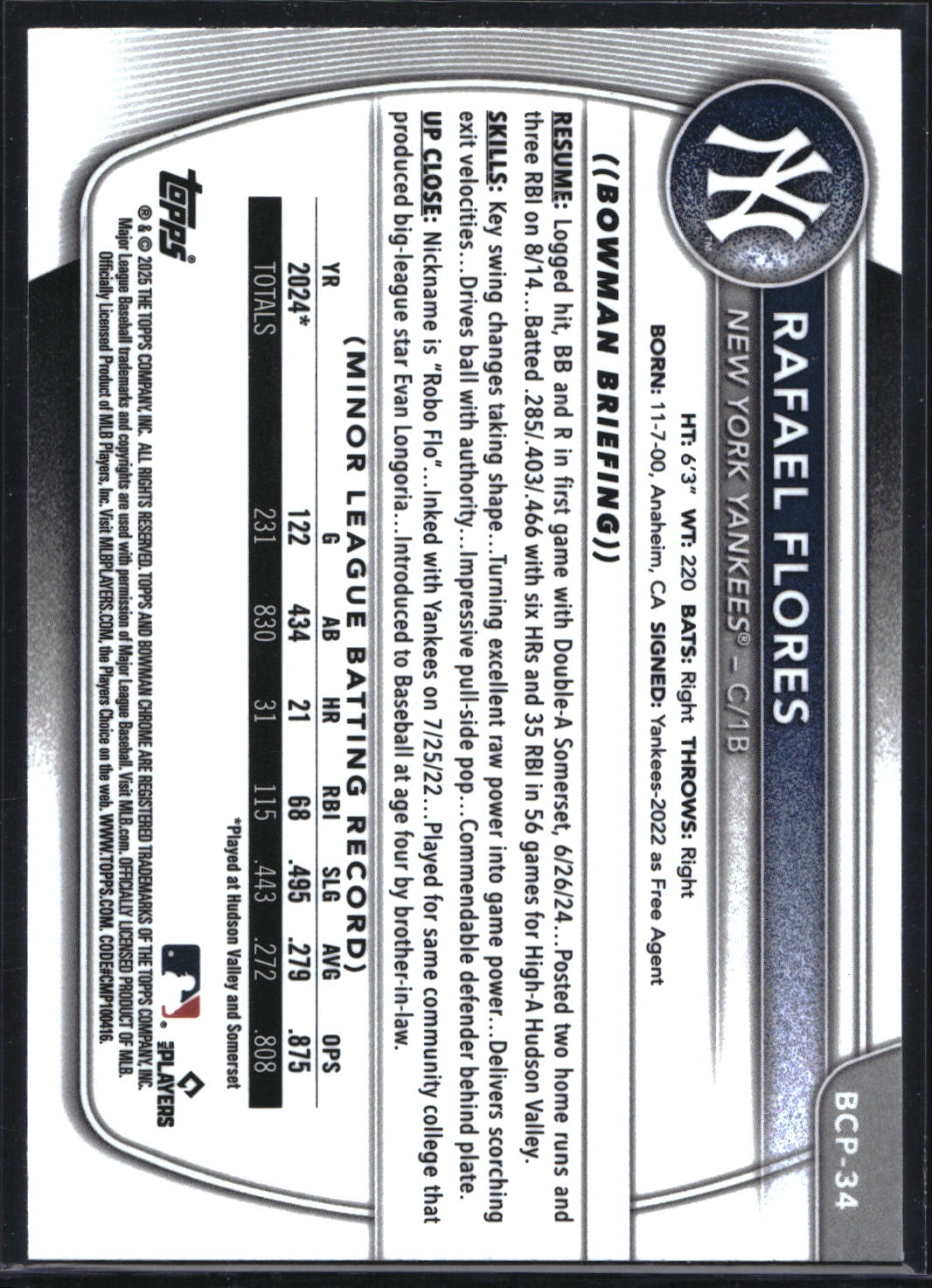2025 Bowman #BCP-34 Rafael Flores Chrome Prospects Blue Refractor #/150