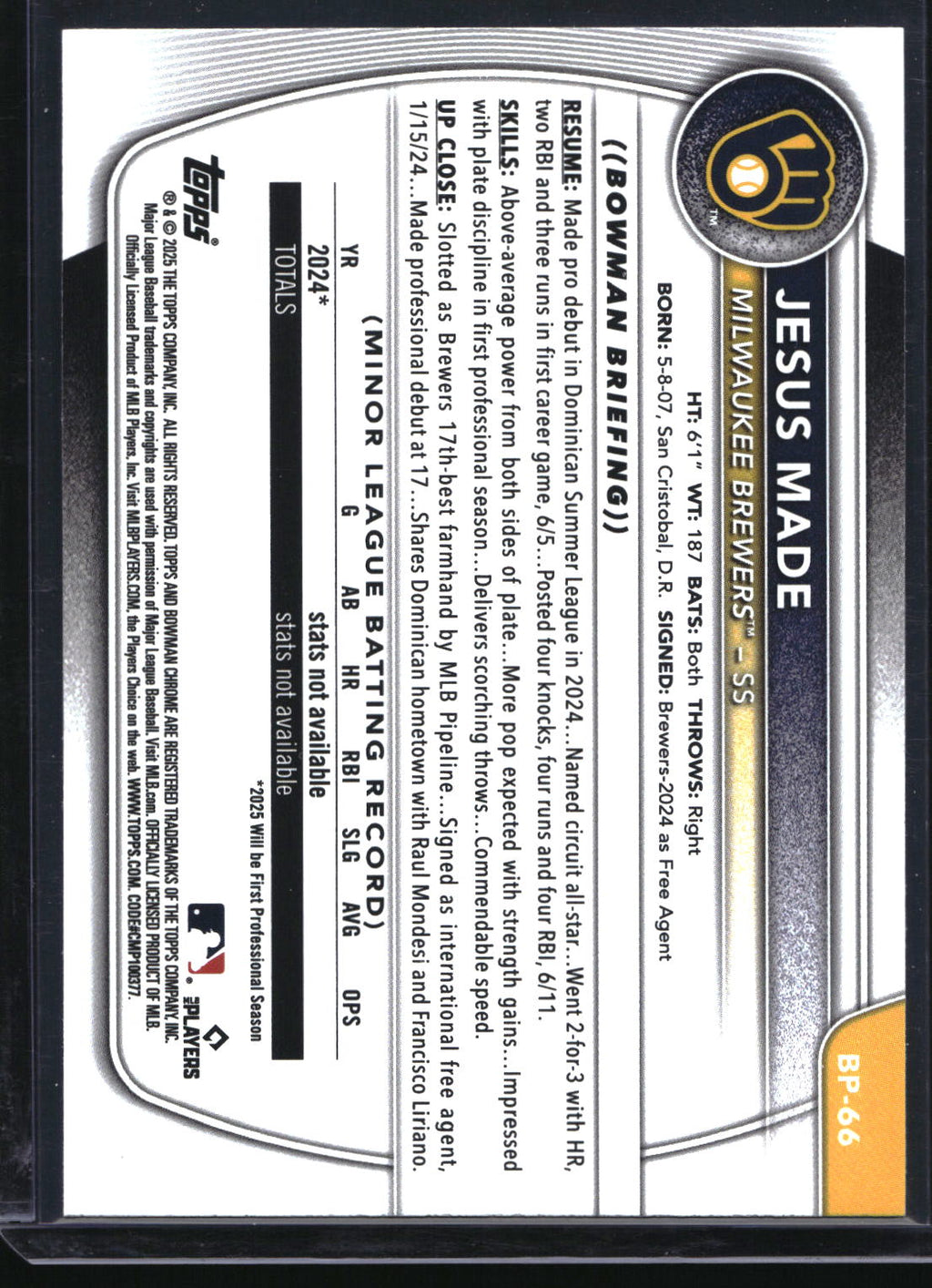 2025 Bowman #BP-66 Jesus Made Prospects Blue #/150