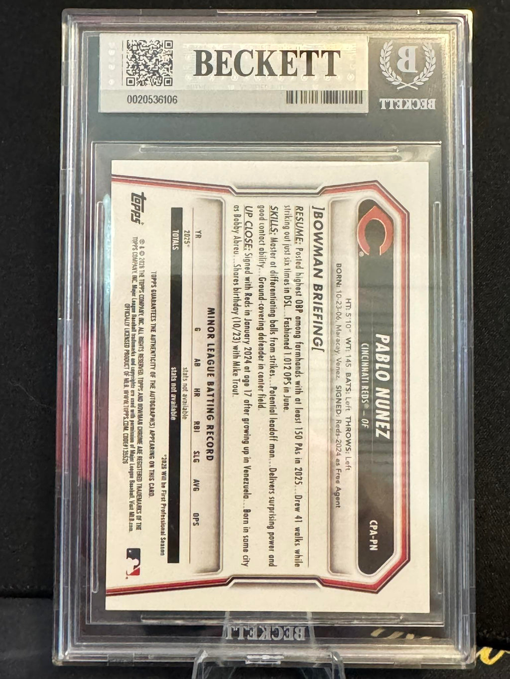 2026 Bowman Chrome Prospect Autographs Blue X-Fractors #CPAPN Pablo Nunez BGS 8