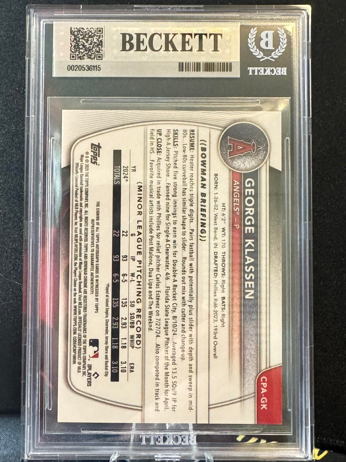 2025 Bowman Chrome Prospect Autographs Orange #CPAGK George Klassen BGS 8.5
