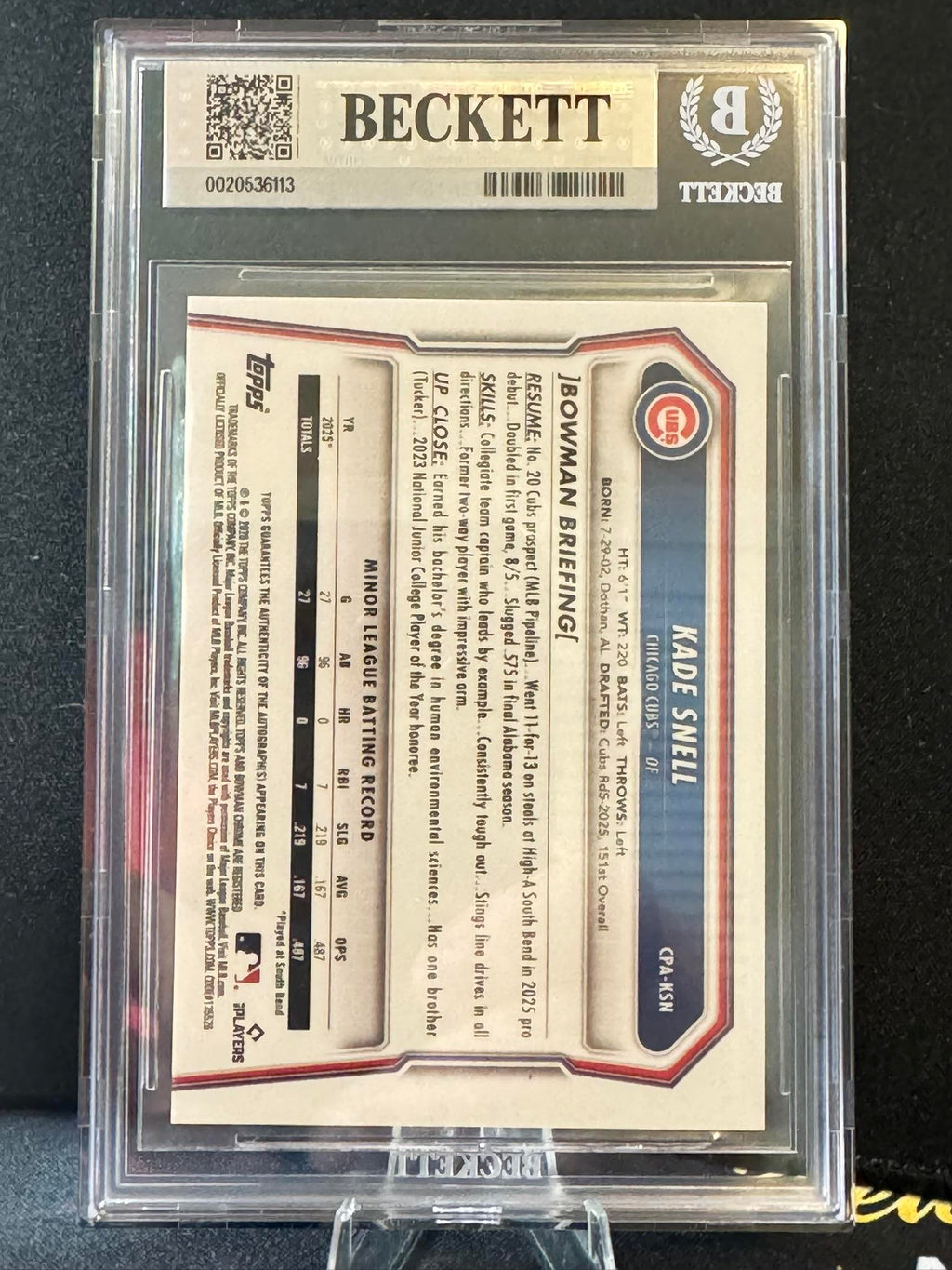 2026 Bowman Chrome Autograph Orange Refractors #CPAKSN Kade Snell BGS 9