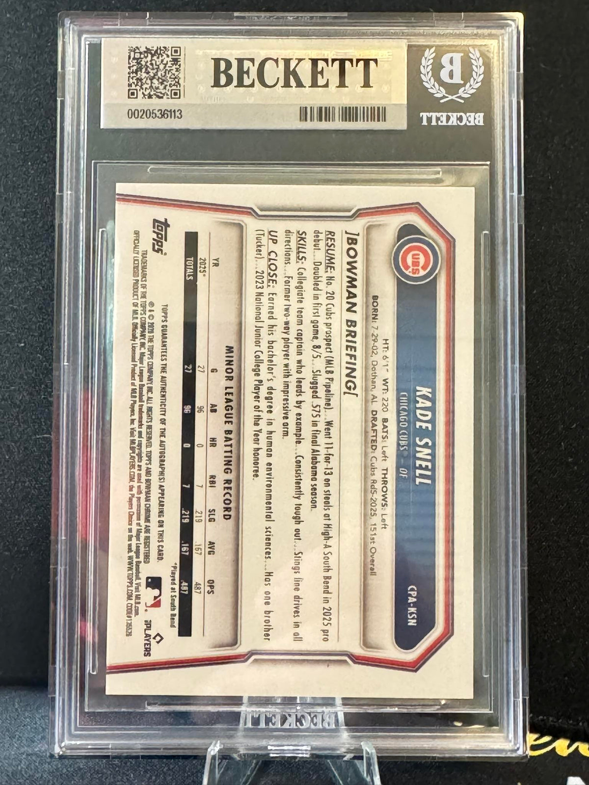 2026 Bowman Chrome Autograph Orange Refractors #CPAKSN Kade Snell BGS 9