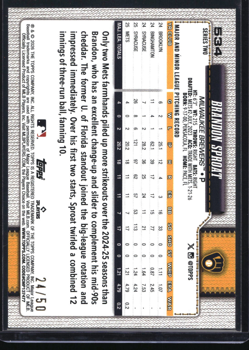 2026 Topps #534 Brandon Sproat All-Star Game Gold #/50