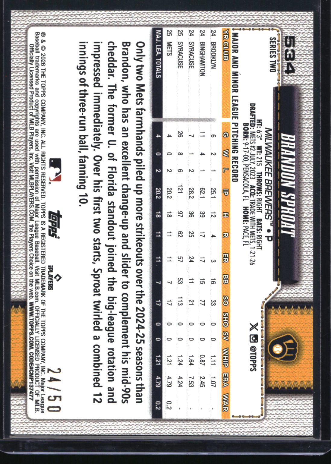 2026 Topps #534 Brandon Sproat All-Star Game Gold #/50