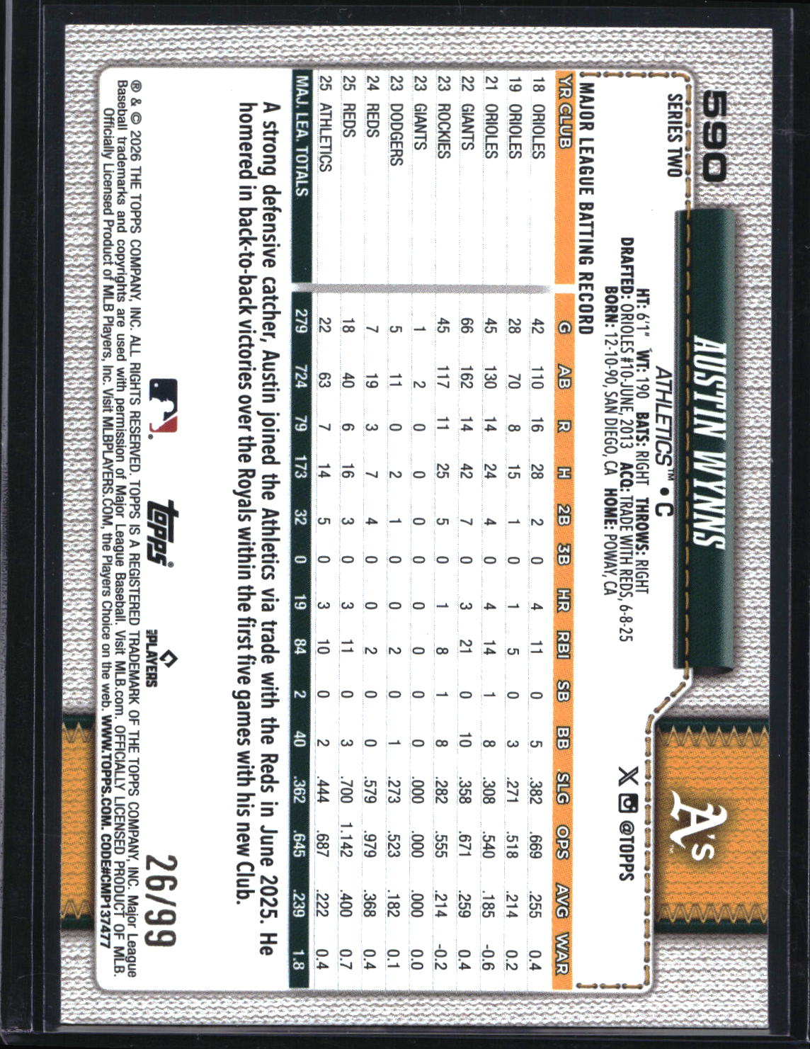 2026 Topps #590 Austin Wynns Green Diamante Foil #/99