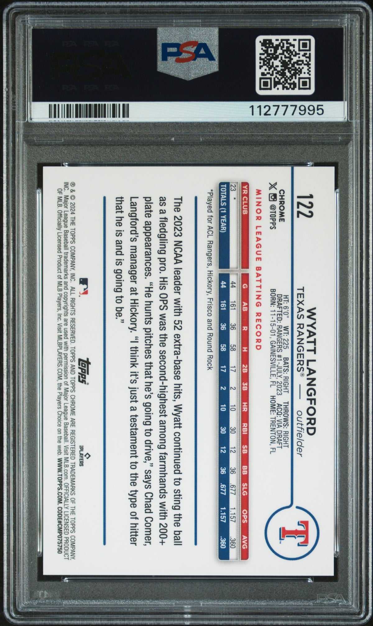 2024 Topps Chrome #122 Wyatt Langford Variation-Green Speckle Ref PSA 10