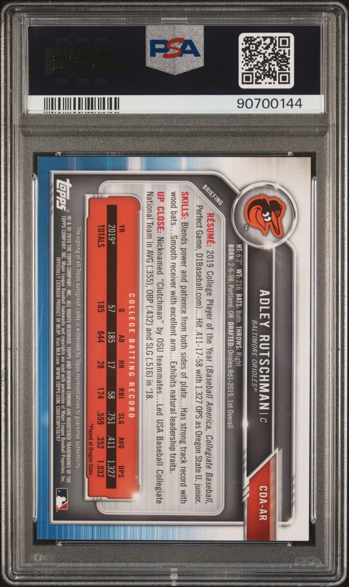 2019 Bowman Draft Autograph #CDAAR Adley Rutschman Purple Ref. PSA 10