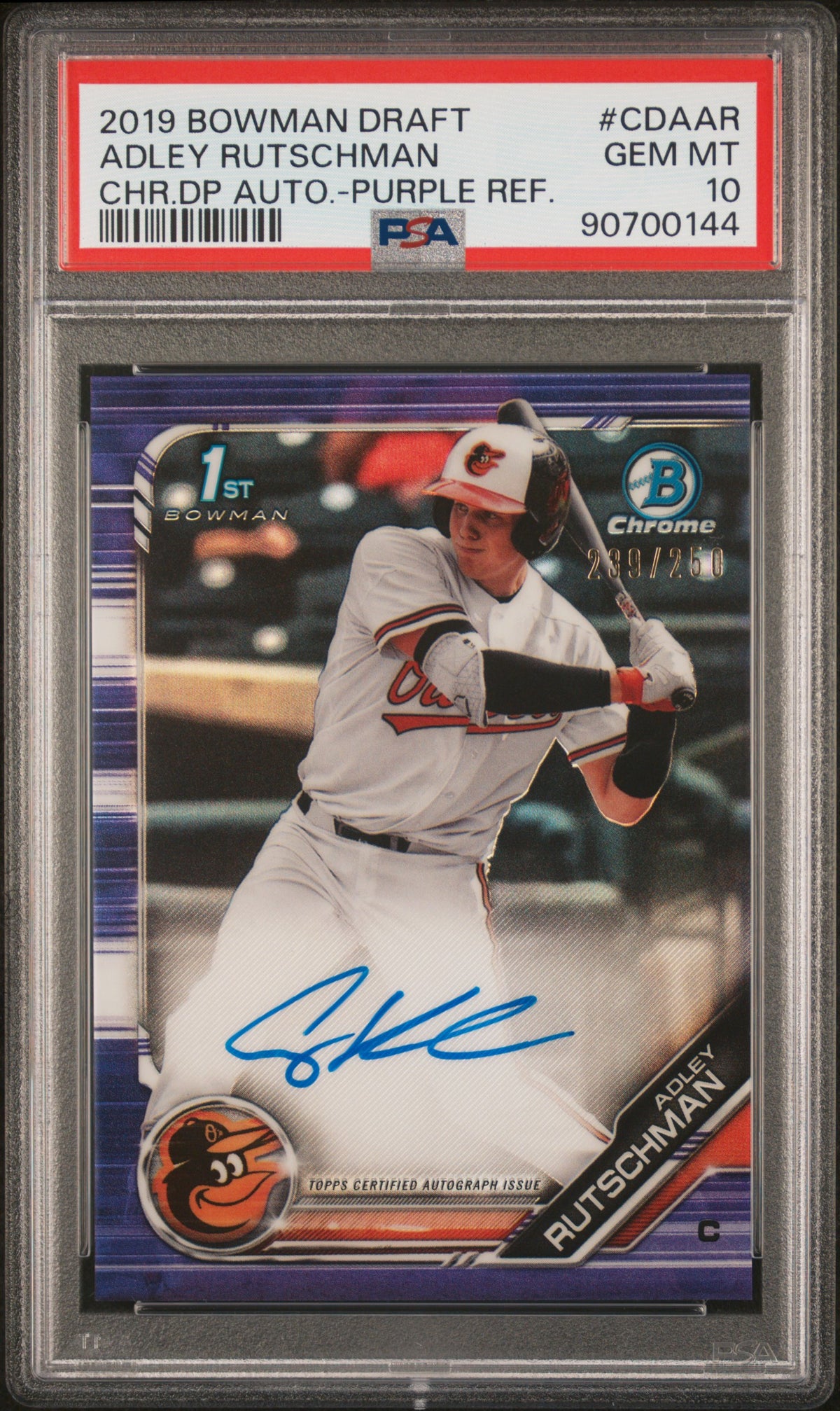 2019 Bowman Draft Autograph #CDAAR Adley Rutschman Purple Ref. PSA 10