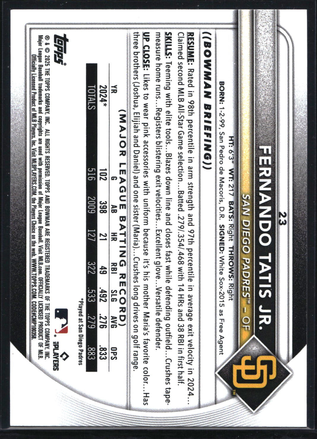 2025 Bowman #23 Fernando Tatis Jr. Blue Pattern #/125